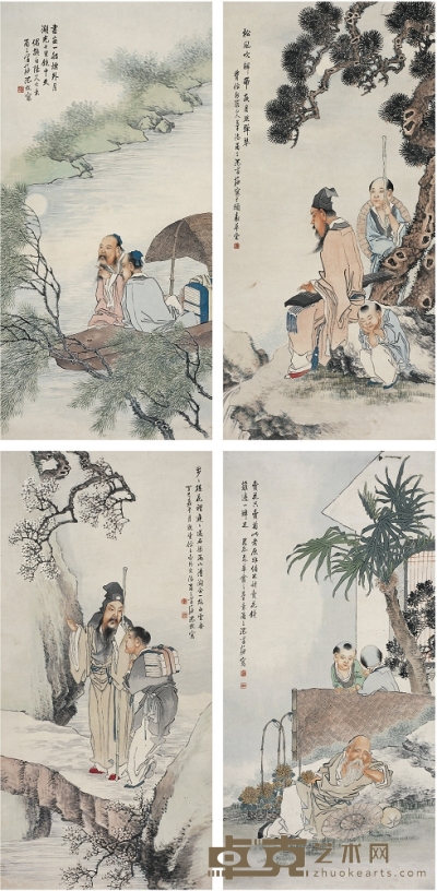沈 枚（1875～1949） 人物故事 132×64.5cm×4