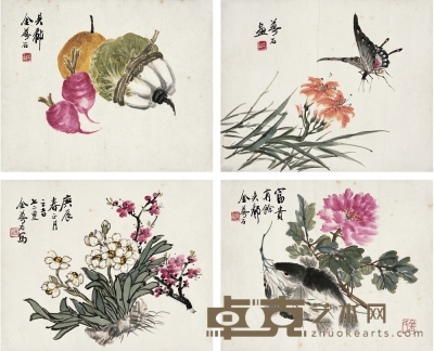 金夢石（1869～1944後） 花卉小品 28×33.5cm×4