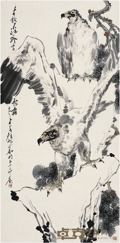 顏梅華（1927～ ） 雙鷹圖 137×68.5cm