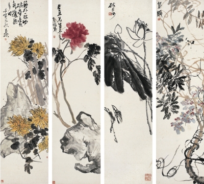 吳昌碩（1844～1927） 花卉 四屏（鏡片）