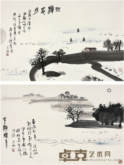 梅舒適（1916～2008） 三潭印月·平湖秋月 43×66cm×2