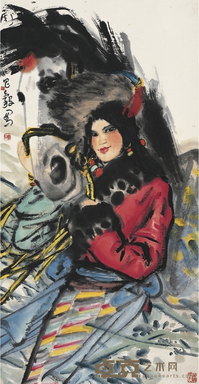 周昌穀（1929～1986） 藏女與馬 92×48cm