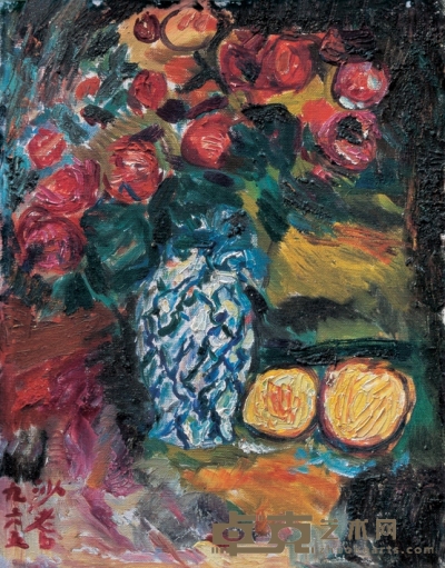 沙耆 1965年作 青花瓶里的玫瑰 47×37cm