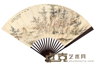 钱文彬 沈有壬 1925年作 竹林七贤 晋文二篇 成扇 18.2×50cm