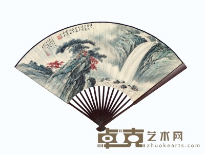 陶冷月 朱雨香 1957年作 秋山飞瀑 金圣叹文 成扇 18.6×49.8cm