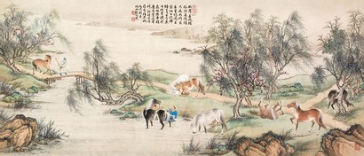 殷梓湘 丙戌（1946年）作 柳岸浴马 镜心