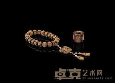 清雍正／乾隆 伽楠香嵌金珠寿字纹手串、扳指 手串：长26.2cm；扳指：直径3.5cm