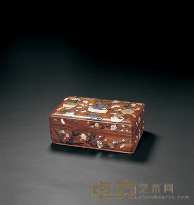 清早期 黄花梨百宝嵌清供图长方盒 长×宽×高25×15.1×9.5cm