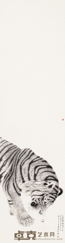李凤龙 乙酉(2005年)作 拾梅图 镜心 179×48.1cm