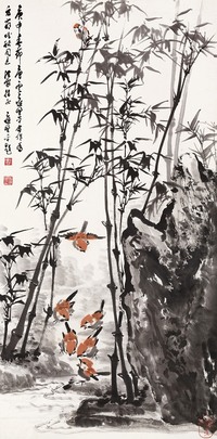 唐云 应野平 庚申（1980年）作 竹雀图 立轴