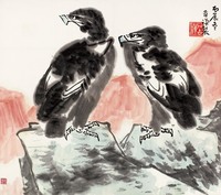 李苦禅 丙辰（1976年）作 天峰双鹫 立轴