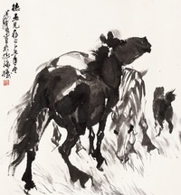 黄胄 乙丑（1985年）作 双骏 立轴