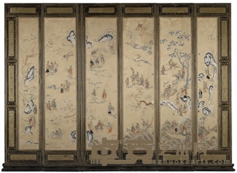18TH CENTURY AN UNUSUAL BLACK AND GILT LACQUER SILK-PANELLED SIX-LEAF SCREEN 