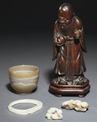 18TH CENTURY AND LATER A BAMBOO IMMORTAL；THREE JADE CARVINGS；AND AN AGATE CUP