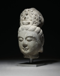 TANG DYNASTY （618-907） A GREY STONE HEAD OF GUANYIN