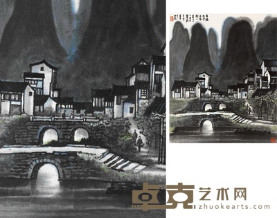 李可染 市桥双月 镜心 62×52.2cm