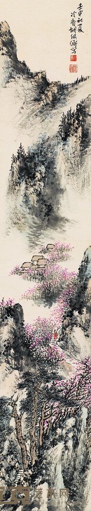 胡佩衡 1932年作 云山桃径 立轴 123×22.5cm