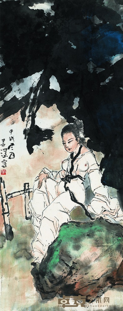 杨善深 1994年作 夏荫纳凉 镜心 89×35cm
