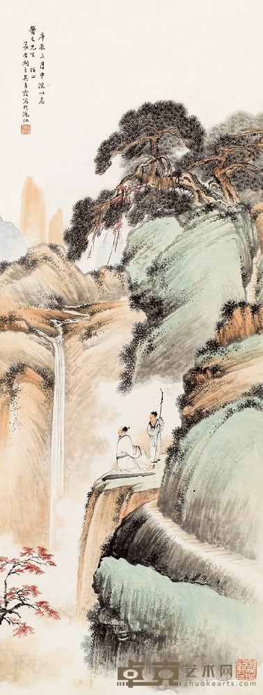 吴青霞 1940年作 抚琴听瀑 立轴 101.5×38.5cm