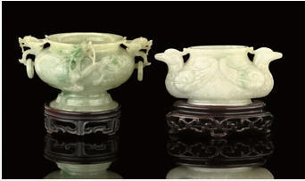 TWO PALE AND APPLE GREEN JADEITE CARVINGS, 20TH CENTURY