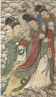 A PAINTED STUCCO PANEL OF THREE LADIES, 17TH CENTURY