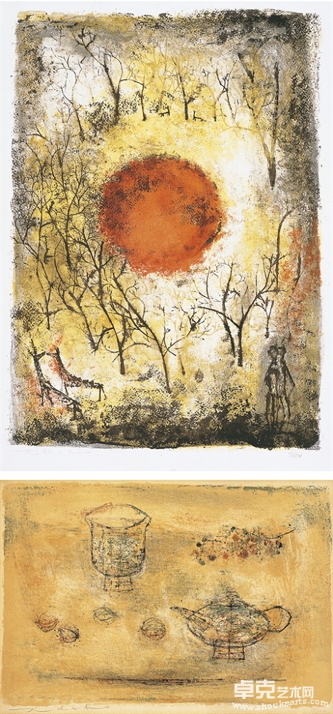 赵无极 1952及1950年作 LA THEIRE LE SOLEIL ROUGE37.5×56.5cm；47×34.5cm