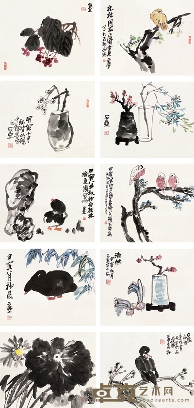 陈子庄 1974年作 花鸟册 册页 （十开） 27×34cm×10