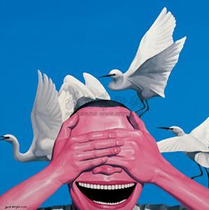 岳敏君 2002年作 天空·动物·人80×80cm