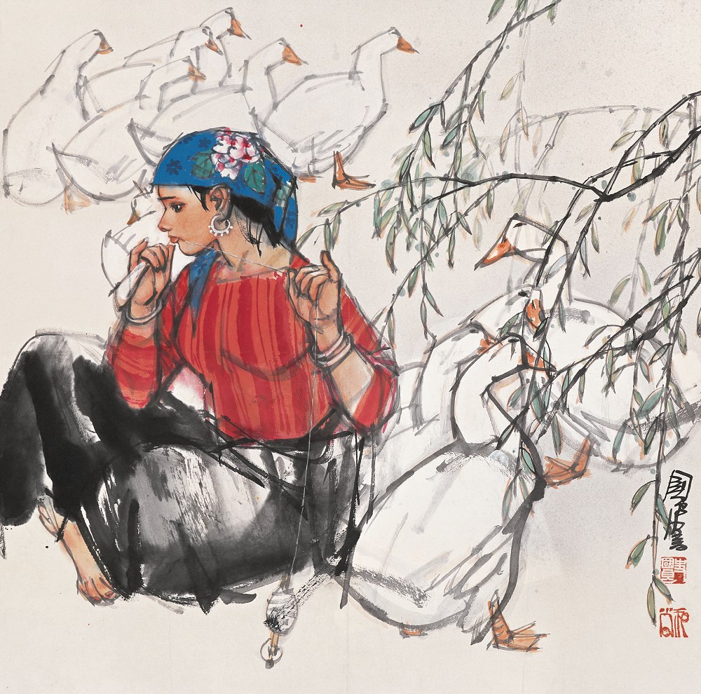 史国良(b.1956) 放鹅图 镜片67×67 cm