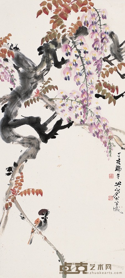 关山月 1947年作 紫藤小鸟 立轴 83×37cm