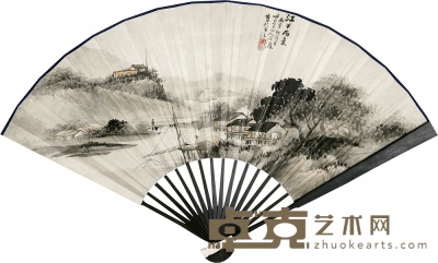 吴石僊 杨之光 1896年作 山水 书法 成扇 18×51cm