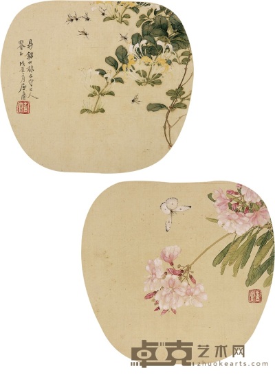 居廉 1868年作 蜂涌金银花 夹竹图 镜心（二开） 24.5cm×2