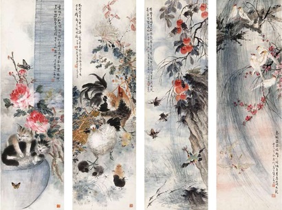 蔡鹤洲 1942年作 花鸟 四屏