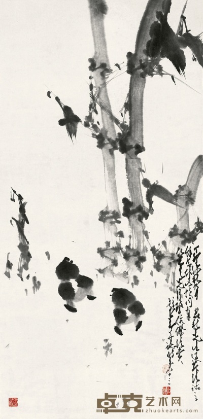 赵少昂 张君秋 1987年作 竹子小鸡 镜心 96×47cm