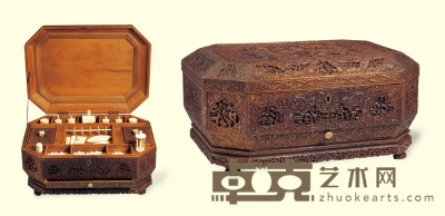 清十九世纪 檀香木雕锦地繁花人物故事八方盖盒 15×36×28cm