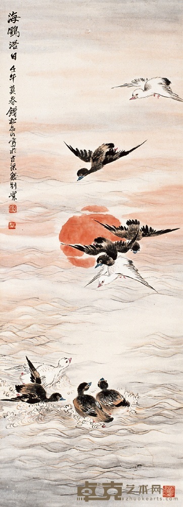 钱松嵒 壬午（1942） 海鸥浴日 镜心 94×34cm