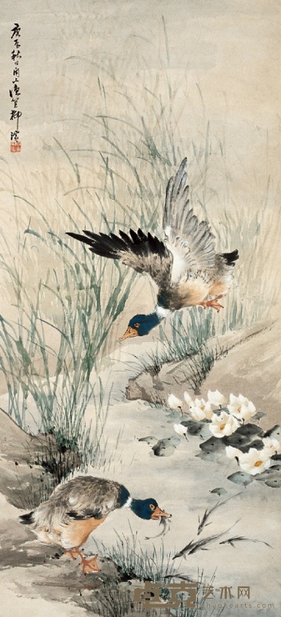 柳滨 庚辰（1940） 水鸟秋戏 立轴 104×48cm