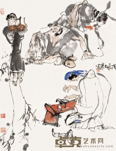 施大畏 戊辰（1988） 听琴图 立轴 89×67cm