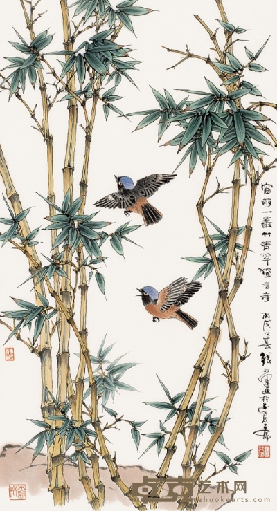 钱行健 丙戌（2006） 竹林小鸟 镜心 90×49cm
