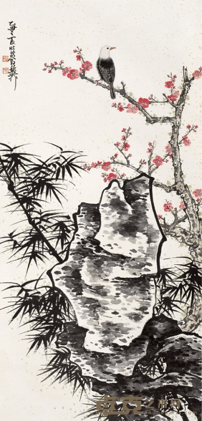 谢稚柳 乙丑（1985） 梅竹小鸟 立轴 109×53cm