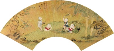 顾洛 1814年作 蕉园婴戏 扇面