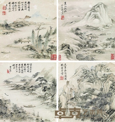 方士庶 溪江时景册 册页本 (四开) 26.5×25cm×4