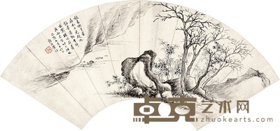 黄均 己酉(1849)年作 寒林竹石 扇片 19×52cm