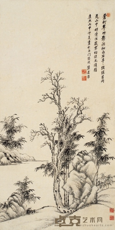 陆道淮 丙申（1716）年作 苍柯翠竹 立轴 96×47cm