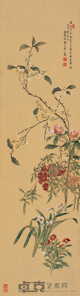 汤世澍 庚子（1900）年作 五色争艳 立轴 143×39cm