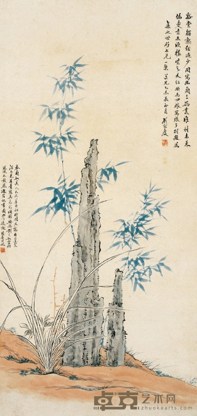 顾鹤庆 乙未（1835）年作 竹石幽兰 立轴 98×47cm