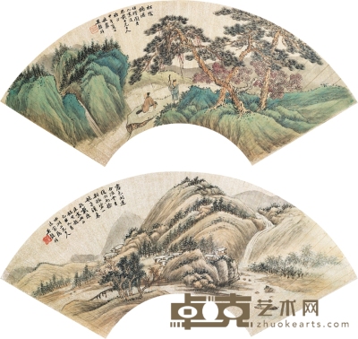 吴榖祥 1889年作；1894年作 山水扇片 （二帧） 
