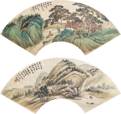 吴榖祥 1889年作；1894年作 山水扇片 （二帧）