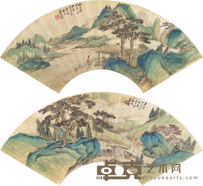 黄山寿 1906年作 山水扇片 (二帧) 扇片镜心