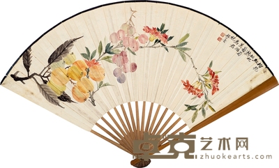 程小青 蒋吟秋 群花图 行书唐人诗 成扇